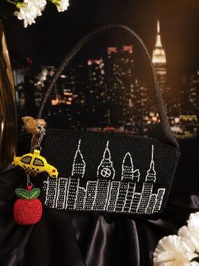 Black Beaded Skyline New York Shoulder Bag with Decorative Charms new